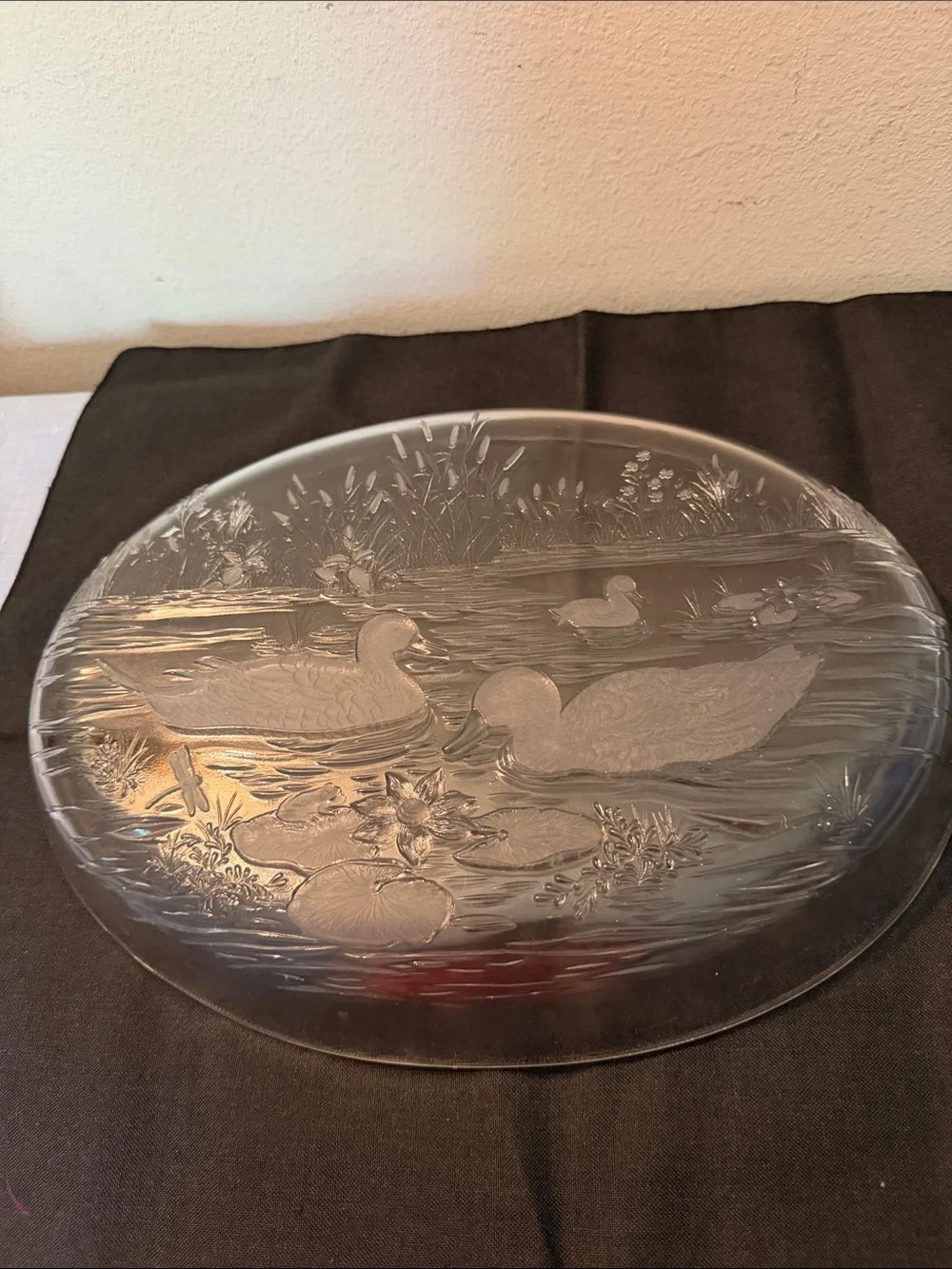 Vintage frosted Glass Duck-Scene Serving Platter embossed pond scene.